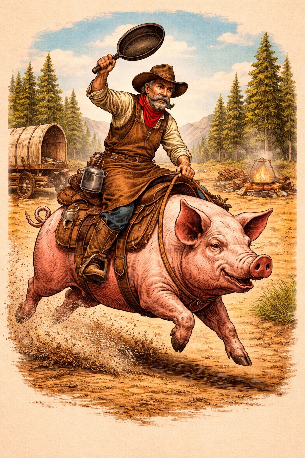Cowboy riding a bucking pig and holding a cast iron skillet